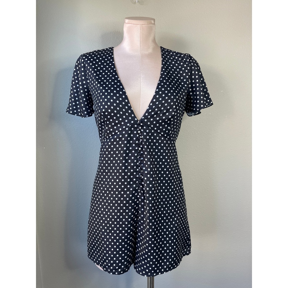 Kimchi Blue Romper Black White Polka Dot V-Neck Button Front Short Sleeve XS